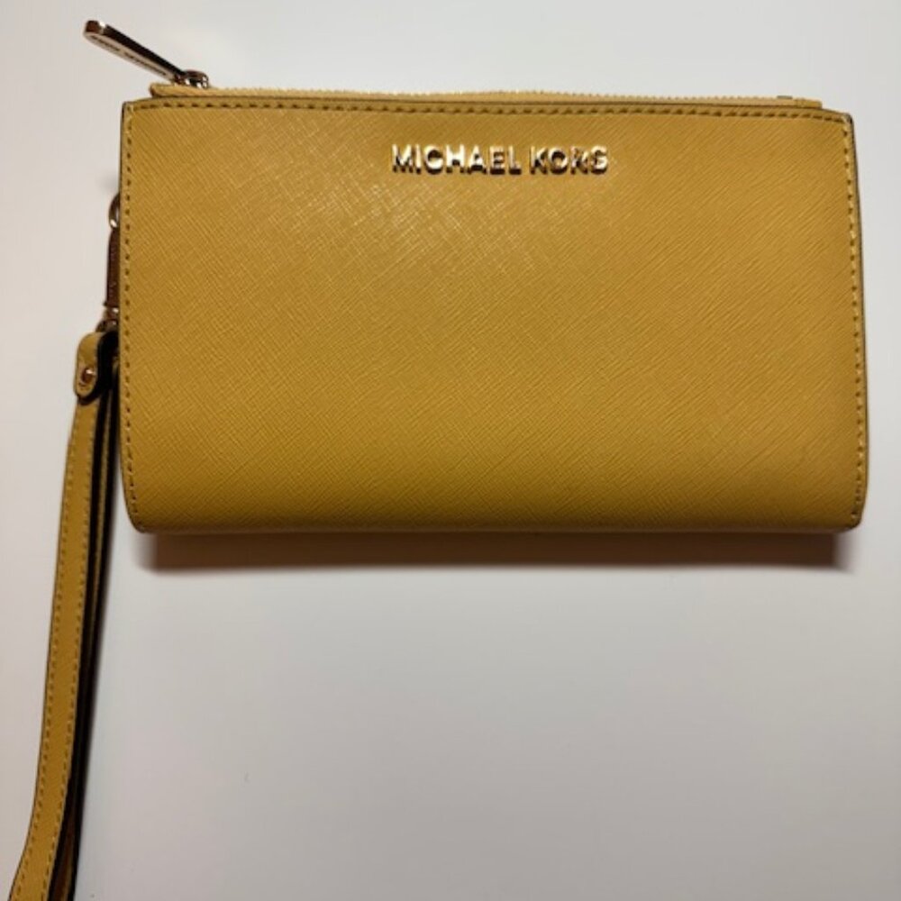 Michael Kors Jet Set Travel Double Zip Saffiano Leather Wristlet Wallet - Yellow